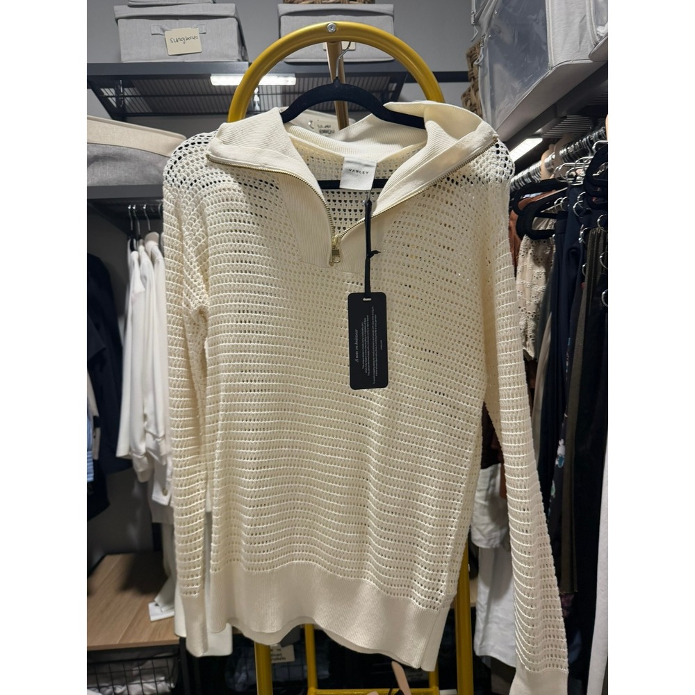 NWT Varley Light Birch Open Knit Mesh Half Zip Sweater Cream Gold Zipper XS - Picture 5 of 6